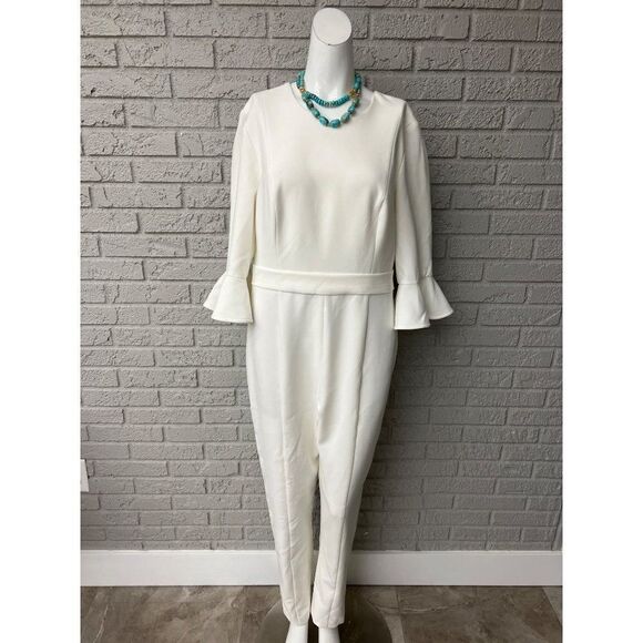 Black Halo Brooklyn Woman 3/4 Sleeve Ivory Crepe Jumpsuit Size 12 - Picture 3 of 9
